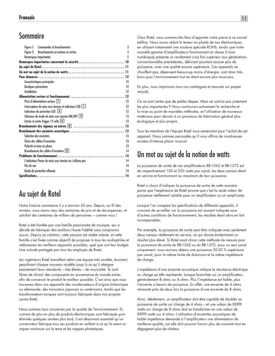 Au sujet de rotel, Un mot au sujet de la notion de watts, Sommaire | Français | ROTEL RB-1562 User Manual | Page 11 / 20