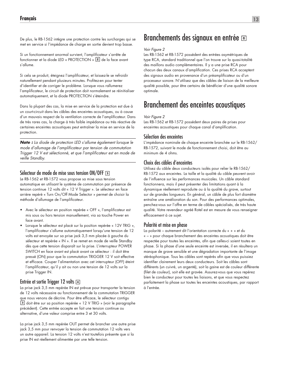 Branchements des signaux en entrée, Branchement des enceintes acoustiques | ROTEL RB-1562 User Manual | Page 13 / 20