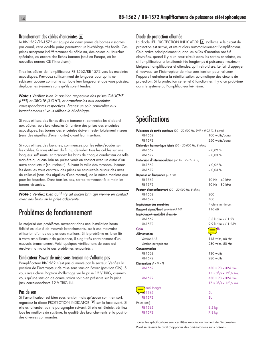 Problèmes de fonctionnement, Spécifi cations, Pas de son | Diode de protection allumée | ROTEL RB-1562 User Manual | Page 14 / 20