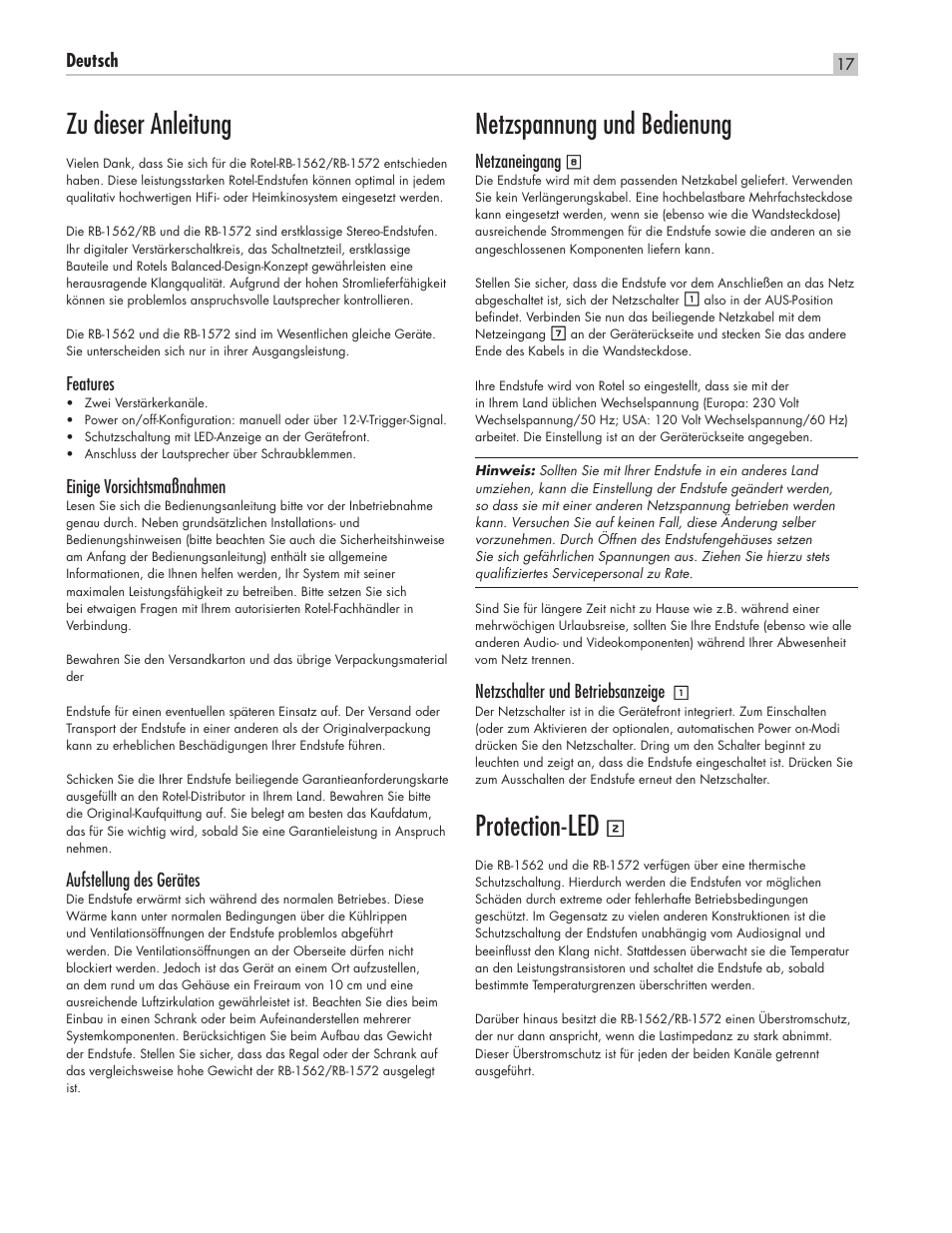 Zu dieser anleitung, Netzspannung und bedienung, Protection-led | ROTEL RB-1562 User Manual | Page 17 / 20