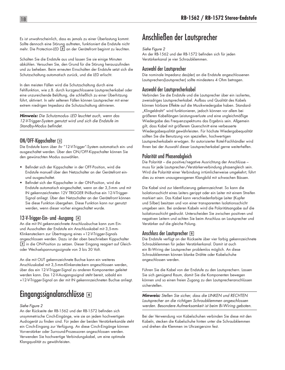Eingangssignalanschlüsse, Anschließen der lautsprecher | ROTEL RB-1562 User Manual | Page 18 / 20