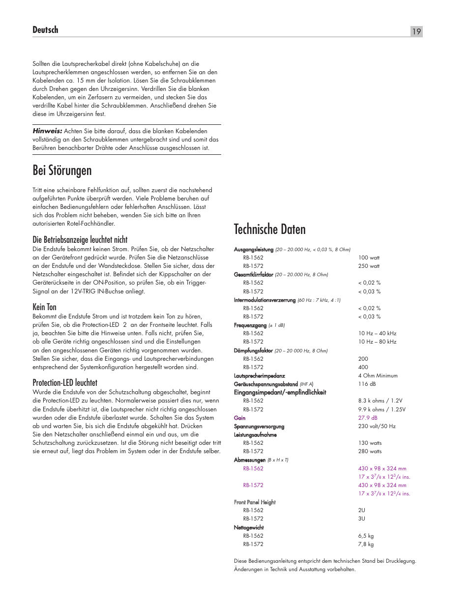 Bei störungen, Technische daten, Deutsch | Die betriebsanzeige leuchtet nicht, Kein ton, Protection-led leuchtet | ROTEL RB-1562 User Manual | Page 19 / 20