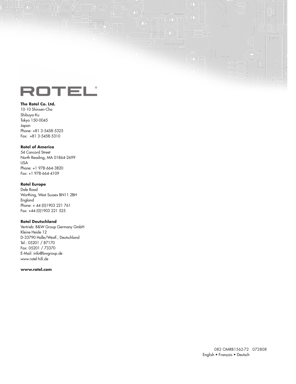 ROTEL RB-1562 User Manual | Page 20 / 20