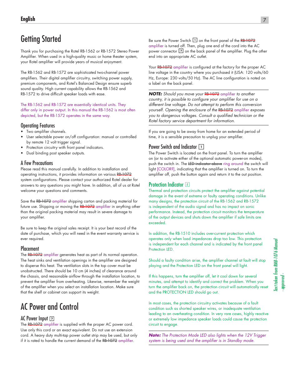 Getting started, Ac power and control, English | Operating features, A few precautions, Placement, Ac power input, Power switch and indicator, Protection indicator | ROTEL RB-1562 User Manual | Page 7 / 20