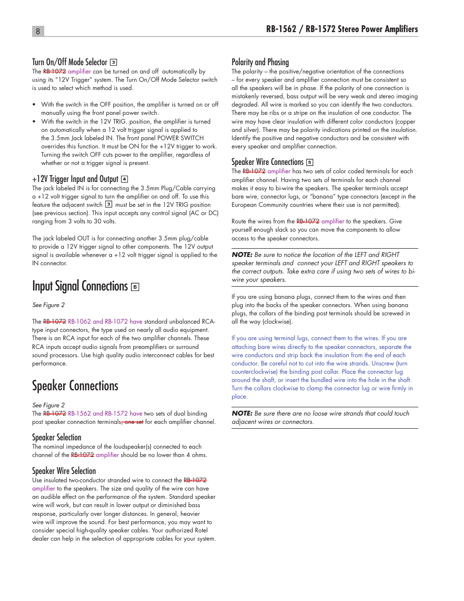 Input signal connections, Speaker connections, 12v trigger input and output | Speaker selection, Speaker wire selection, Polarity and phasing, Speaker wire connections | ROTEL RB-1562 User Manual | Page 8 / 20
