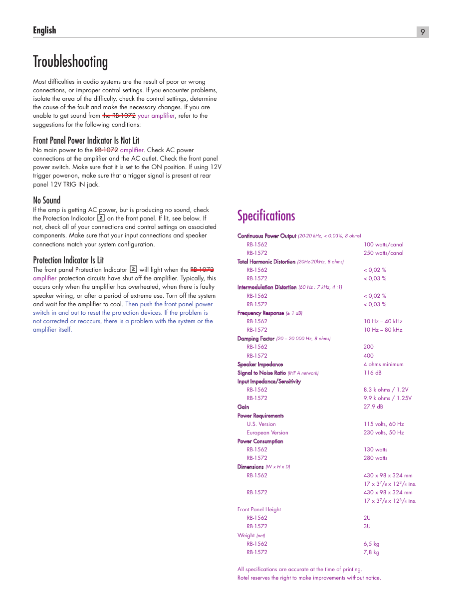 Troubleshooting, Specifi cations, English | Front panel power indicator is not lit, No sound, Protection indicator is lit | ROTEL RB-1562 User Manual | Page 9 / 20