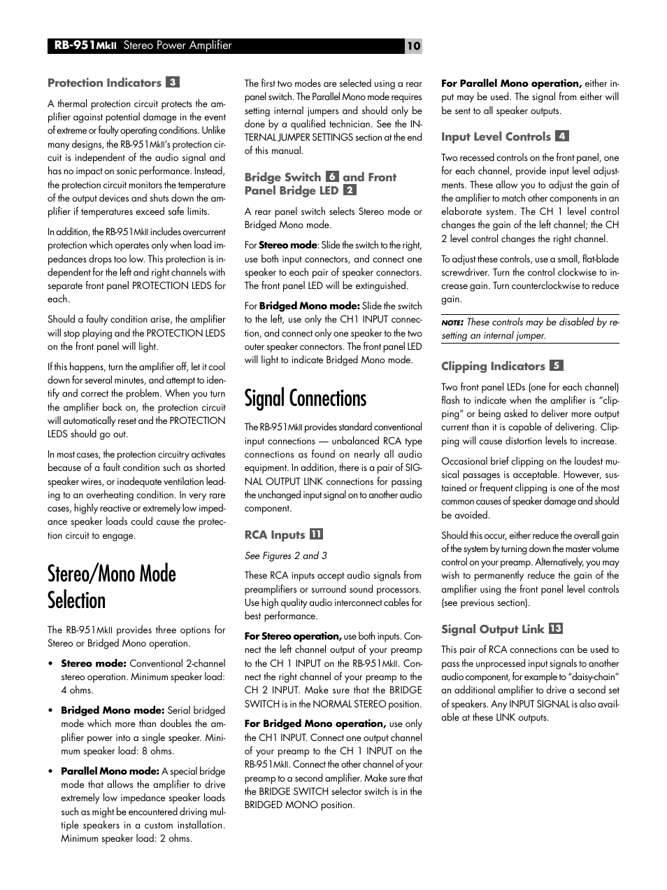 Protection indicators, Stereo/mono mode selection, Bridge switch and front panel bridge led | Signal connections, Rca inputs, Input level controls, Clipping indicators, Signal output link, Bridge switch, Front panel bridge led | ROTEL RB951 mk II User Manual | Page 10 / 44
