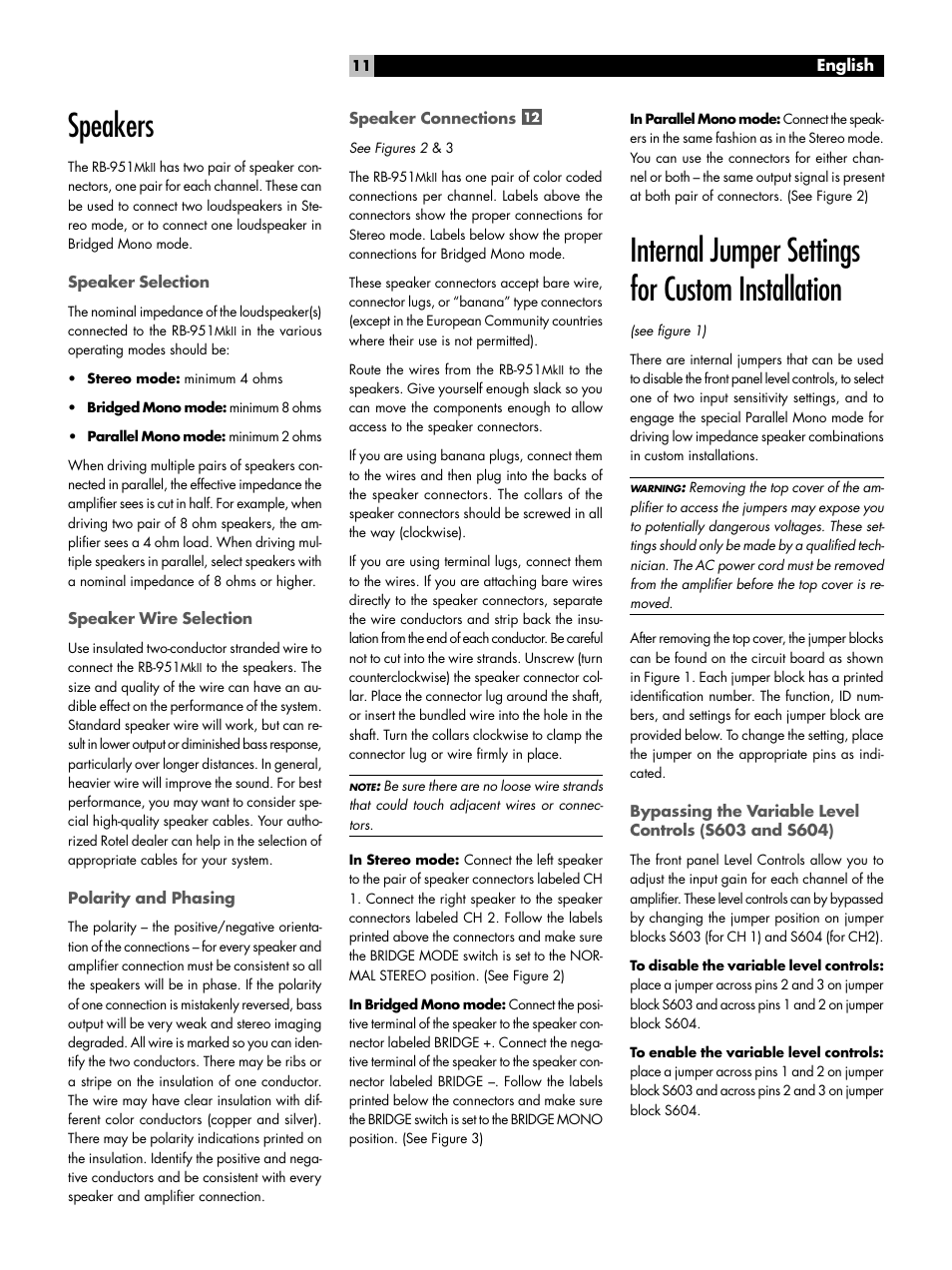 Speakers, Speaker selection, Speaker wire selection | Polarity and phasing, Speaker connections, Internal jumper settings for custom installation | ROTEL RB951 mk II User Manual | Page 11 / 44