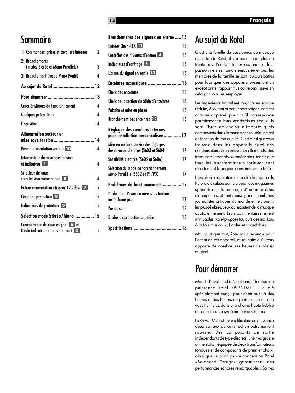 Pour démarrer, Sommaire au sujet de rotel | ROTEL RB951 mk II User Manual | Page 13 / 44