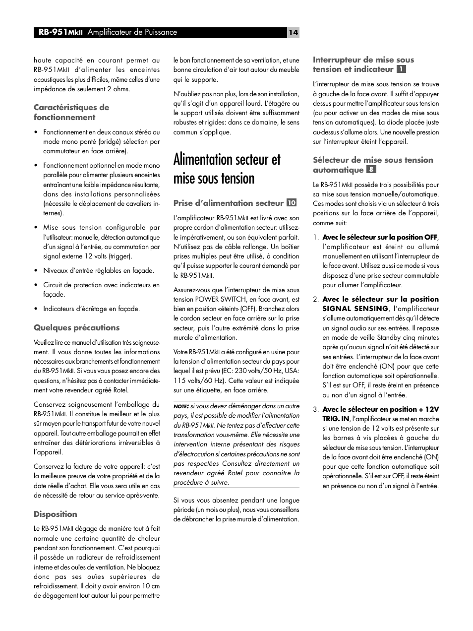 Caractéristiques de fonctionnement, Quelques précautions, Disposition | Alimentation secteur et mise sous tension, Prise d'alimentation secteur, Interrupteur de mise sous tension et indicateur, Sélecteur de mise sous tension automatique, Prise d’alimentation secteur | ROTEL RB951 mk II User Manual | Page 14 / 44
