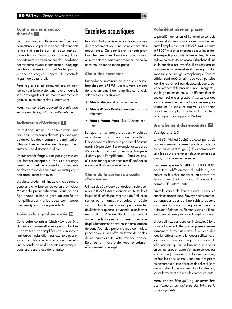 Contrôles des niveaux d'entrée, Indicateurs d'écrêtage, Liaison du signal en sortie | Enceintes acoustiques, Choix des enceintes, Choix de la section du câble d'enceintes, Polarité et mise en phase, Branchement des enceintes, Contrôles des niveaux d’entrée, Indicateurs d’écrêtage | ROTEL RB951 mk II User Manual | Page 16 / 44