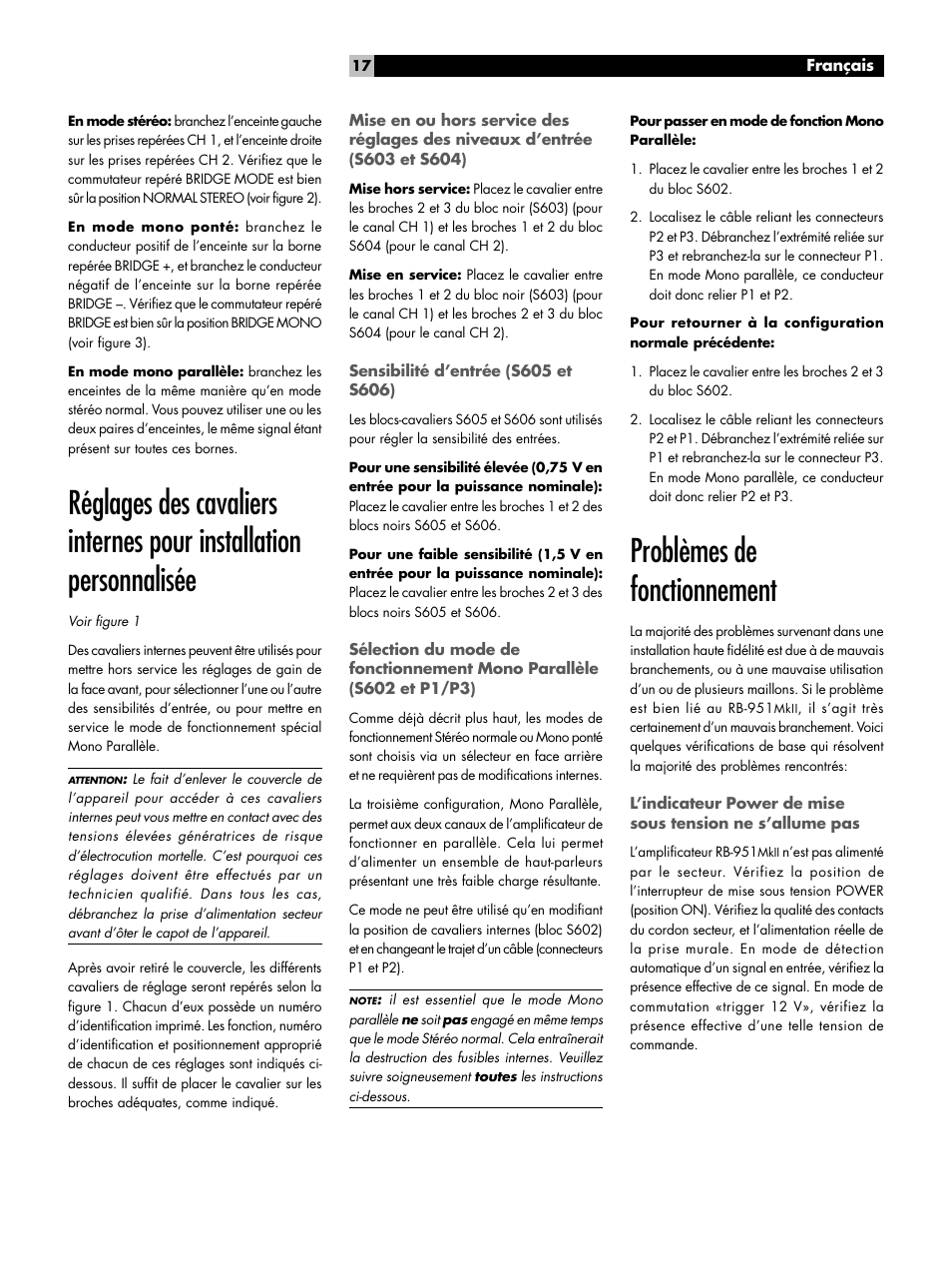 Sensibilité d'entrée (s605 et s606), Problèmes de fonctionnement, Sensibilité d’entrée (s605 et s606) | ROTEL RB951 mk II User Manual | Page 17 / 44