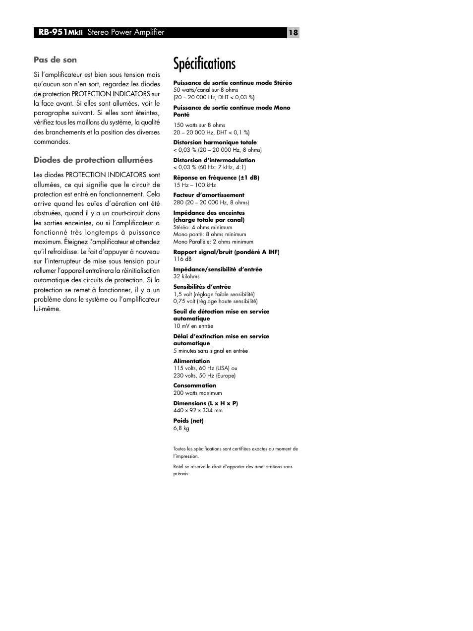Pas de son, Diodes de protection allumées, Spécifications | Rb-951, Stereo power amplifier | ROTEL RB951 mk II User Manual | Page 18 / 44