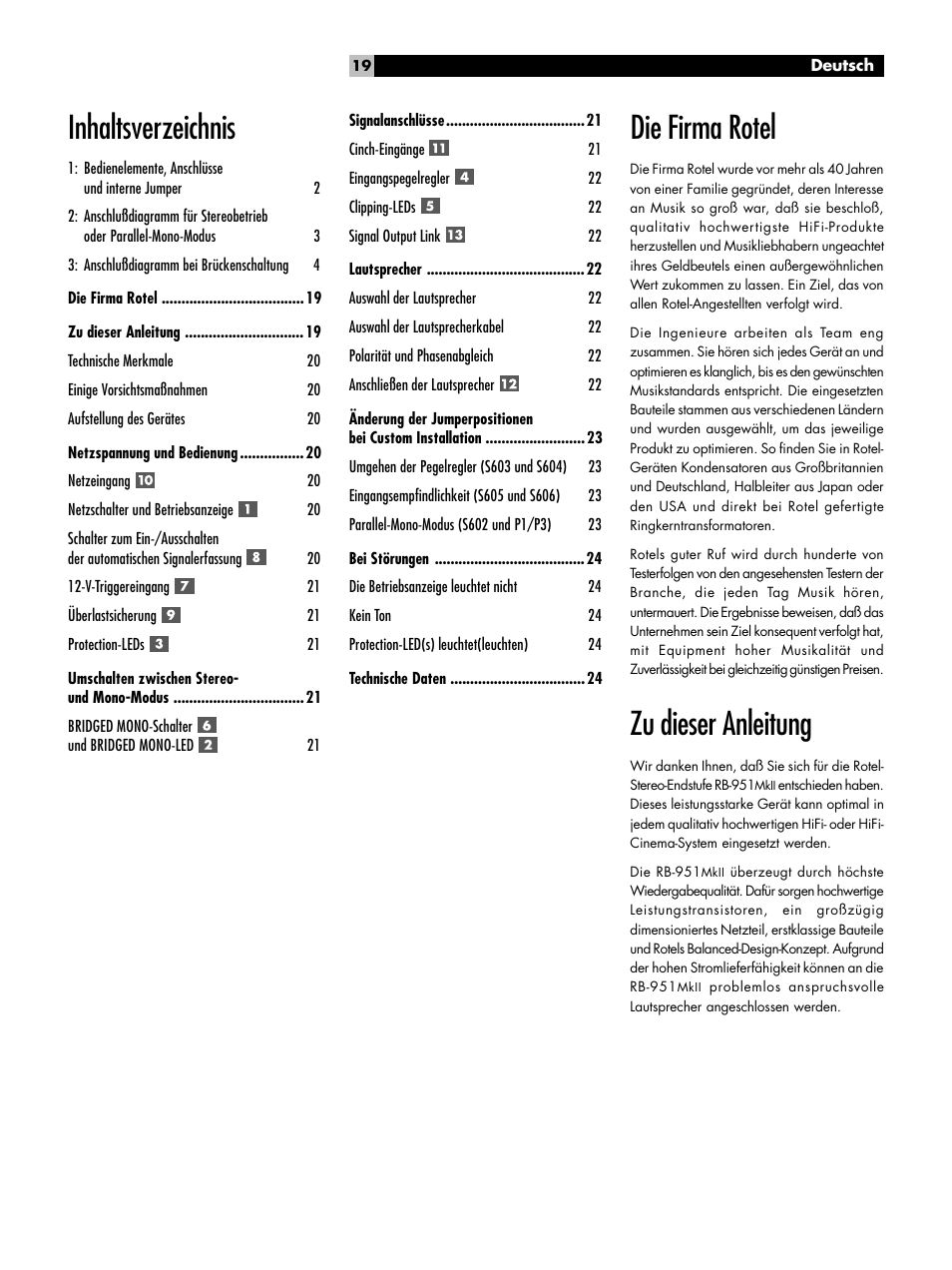 Die firma rotel, Zu dieser anleitung, Inhaltsverzeichnis die firma rotel | ROTEL RB951 mk II User Manual | Page 19 / 44