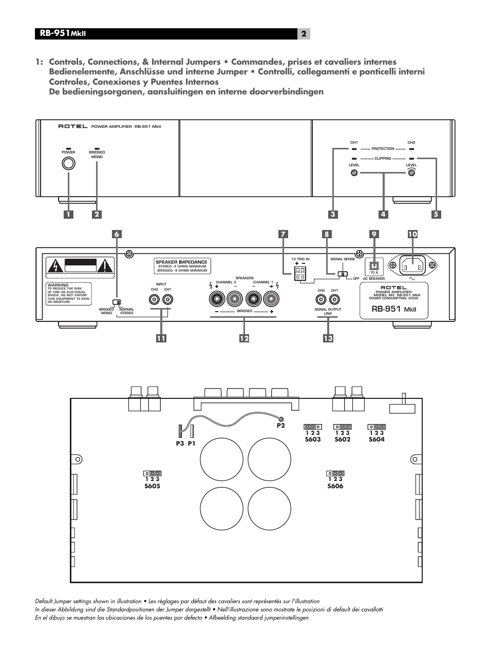Controls, connections, and internal jumpers, English, Rb-951 | ROTEL RB951 mk II User Manual | Page 2 / 44