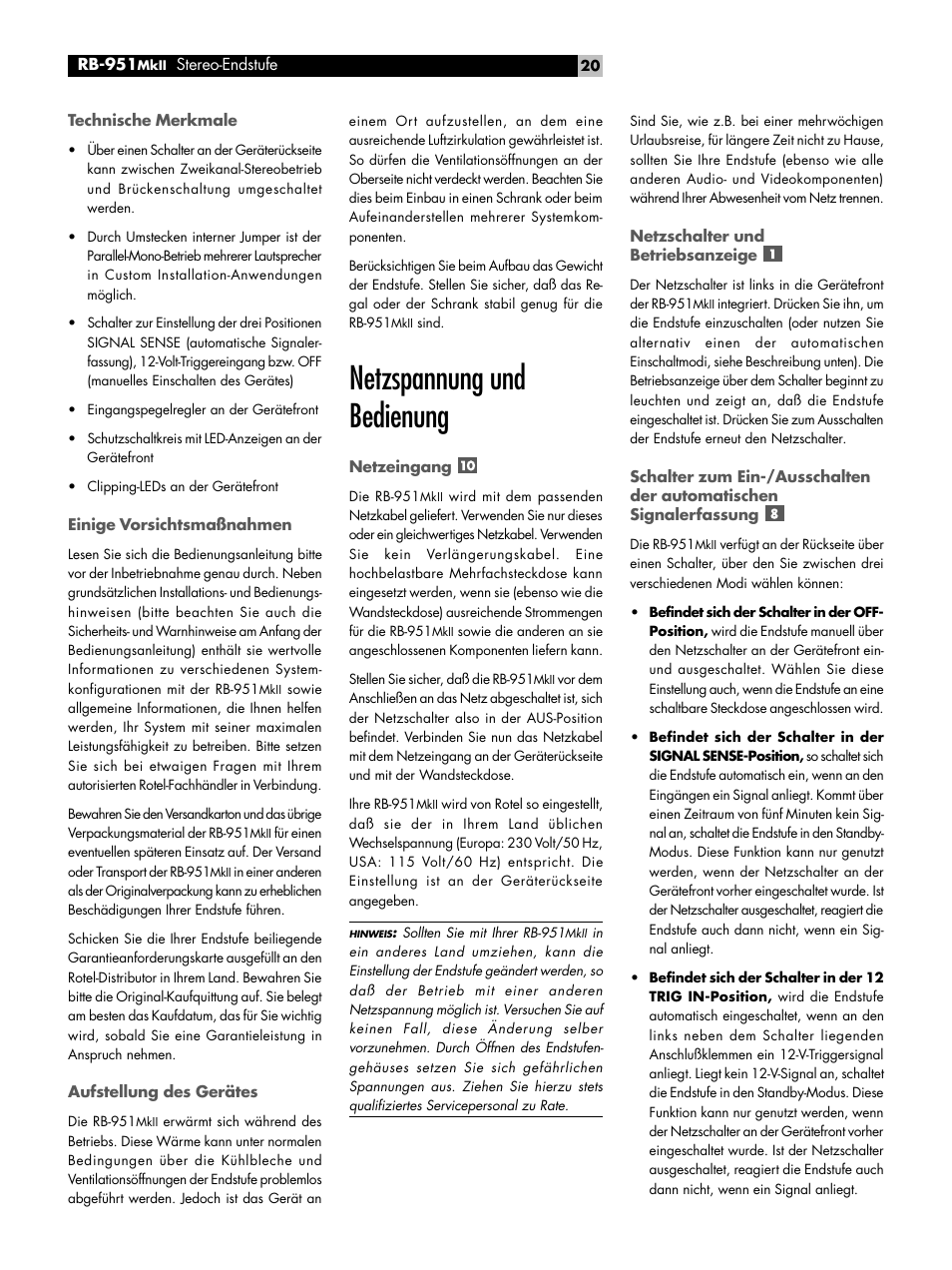 Technische merkmale, Einige vorsichtsmaßnahmen, Aufstellung des gerätes | Netzspannung und bedienung, Netzeingang, Netzschalter und betriebsanzeige, V-triggereingang | ROTEL RB951 mk II User Manual | Page 20 / 44