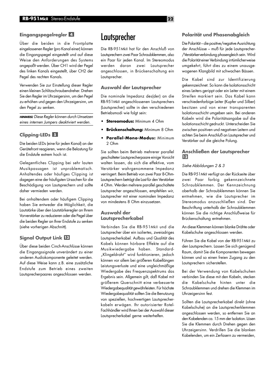 Eingangspegelregler, Clipping-leds, Signal output link | Lautsprecher, Auswahl der lautsprecher, Auswahl der lautsprecherkabel, Polarität und phasenabgleich, Anschließen der lautsprecher | ROTEL RB951 mk II User Manual | Page 22 / 44