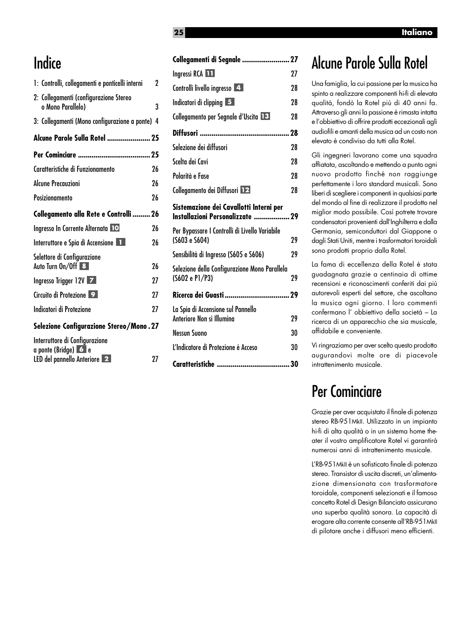 Per cominciare, Indice alcune parole sulla rotel | ROTEL RB951 mk II User Manual | Page 25 / 44