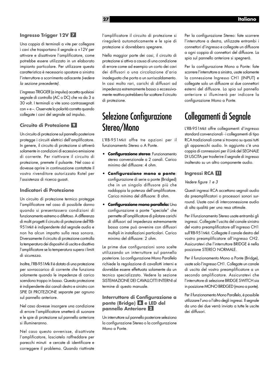 Ingresso trigger 12v, Circuito di protezione, Indicatori di protezione | Selezione configurazione stereo/mono, Collegamenti di segnale, Ingressi rca, Selezione configurazione stereo/mono . 27, Interruttore di configurazione a ponte (bridge), Led del pannello anteriore | ROTEL RB951 mk II User Manual | Page 27 / 44