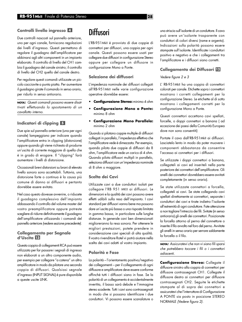 Controlli livello ingresso, Indicatori di clipping, Collegamento per segnale d'uscita | Diffusori, Selezione dei diffusori, Scelta dei cavi, Polarità e fase, Collegamento dei diffusori, Collegamento per segnale d’uscita | ROTEL RB951 mk II User Manual | Page 28 / 44