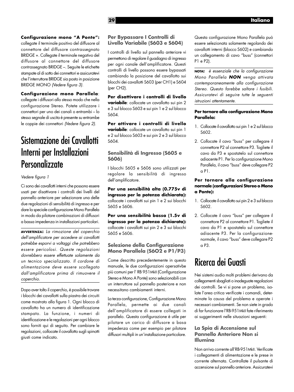 Sensibilità di ingresso (s605 e s606), Ricerca dei guasti | ROTEL RB951 mk II User Manual | Page 29 / 44