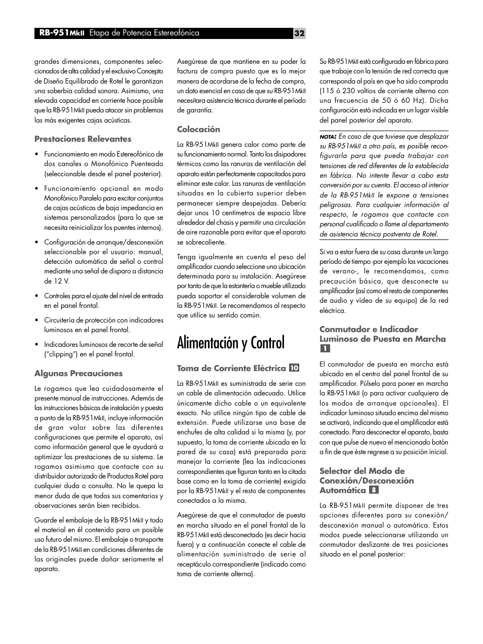 Prestaciones relevantes, Algunas precauciones, Colocación | Alimentación y control, Toma de corriente eléctrica | ROTEL RB951 mk II User Manual | Page 32 / 44