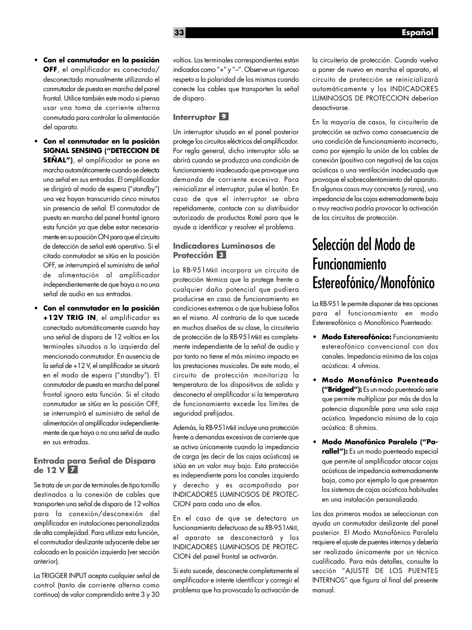 Entrada para señal de disparo de 12 v, Interruptor, Indicadores luminosos de protección | Conmutador, E indicador luminoso, De conexión en modo puenteado | ROTEL RB951 mk II User Manual | Page 33 / 44