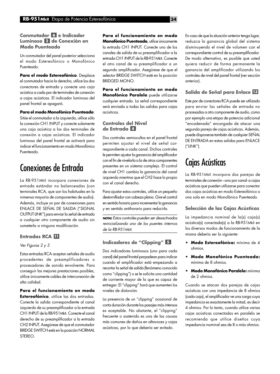 Conexiones de entrada, Entradas rca, Controles del nivel de entrada | Indicadores de "clipping, Salida de señal para enlace, Cajas acústicas, Selección de las cajas acústicas, Indicadores de “clipping | ROTEL RB951 mk II User Manual | Page 34 / 44