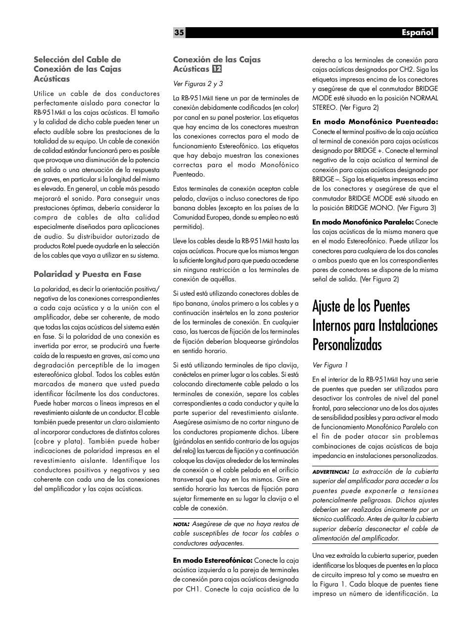 Polaridad y puesta en fase, Conexión de las cajas acústicas | ROTEL RB951 mk II User Manual | Page 35 / 44
