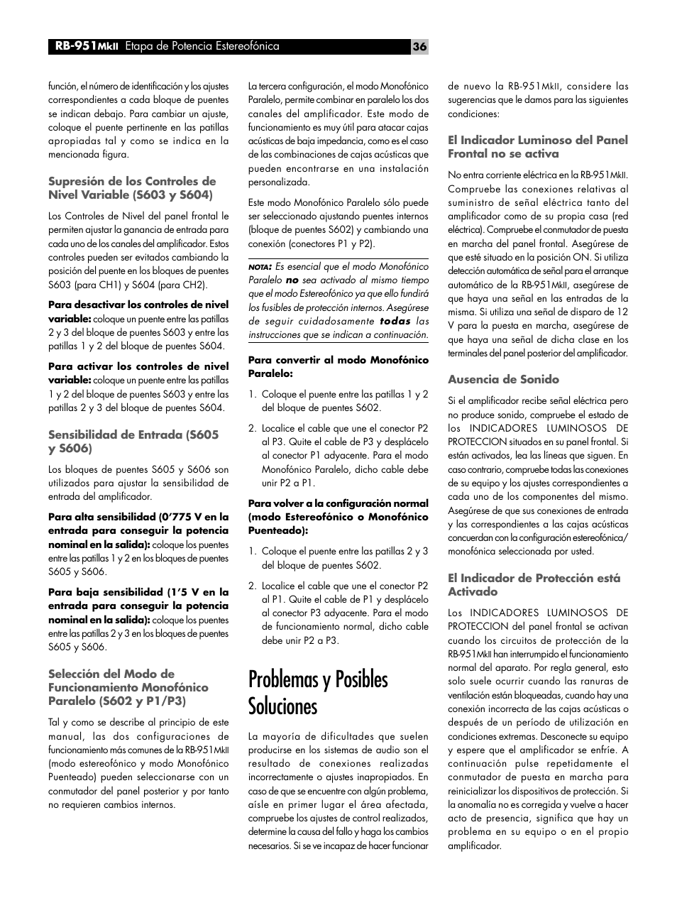 Sensibilidad de entrada (s605 y s606) 36, Problemas y posibles soluciones, Ausencia de sonido | El indicador de protección está activado, Características técnicas | ROTEL RB951 mk II User Manual | Page 36 / 44