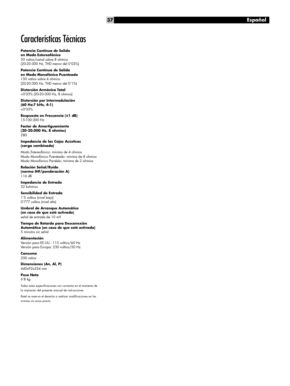 Características técnicas, Español | ROTEL RB951 mk II User Manual | Page 37 / 44