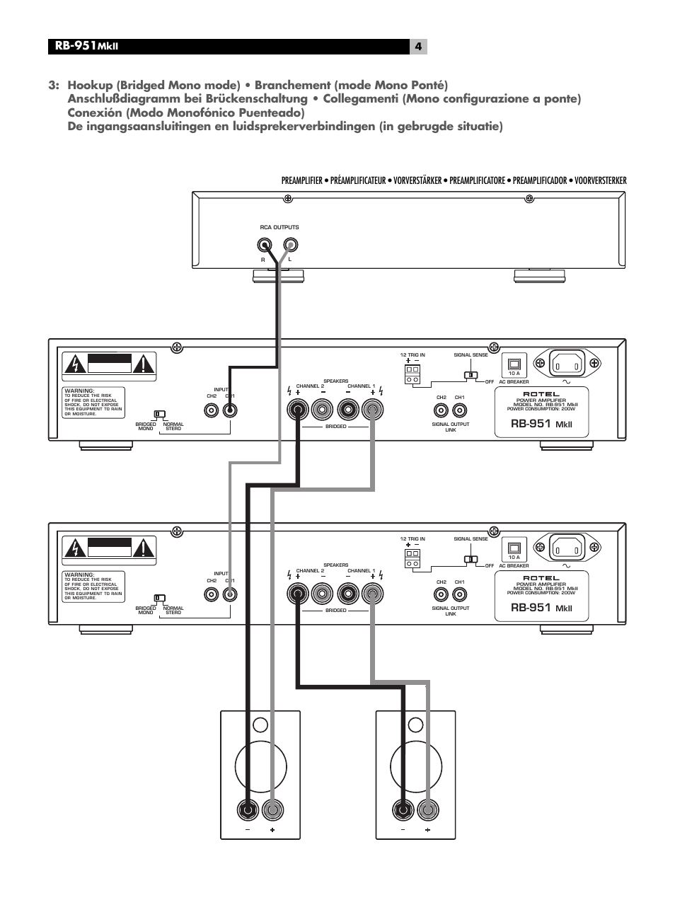 Hookup (bridged mono mode) 4, Hookup (bridged mono mode), Rb-951 | Mkii, Mkii caution | ROTEL RB951 mk II User Manual | Page 4 / 44