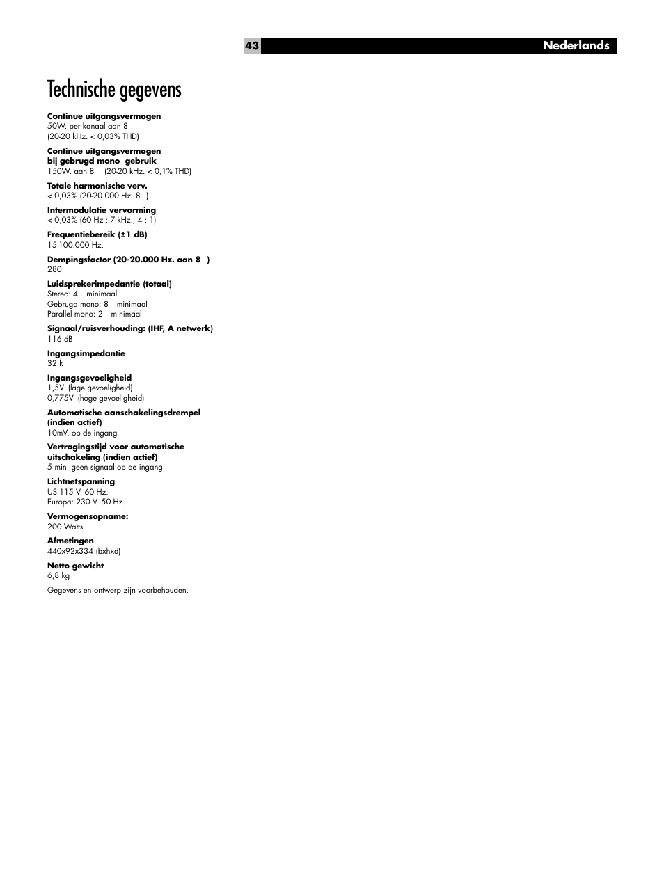 Technische gegevens, Nederlands | ROTEL RB951 mk II User Manual | Page 43 / 44