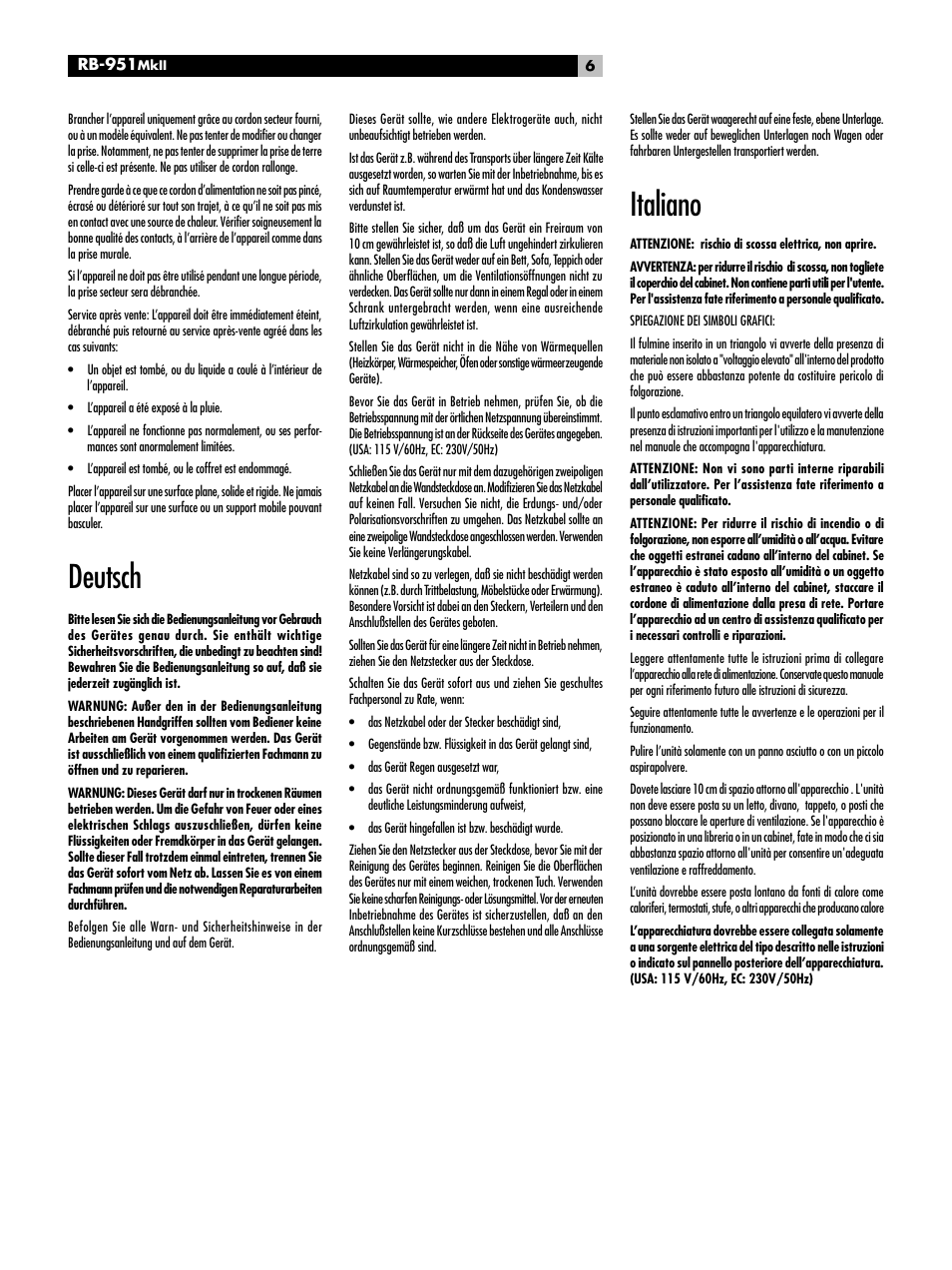 Deutsch, Italiano | ROTEL RB951 mk II User Manual | Page 6 / 44
