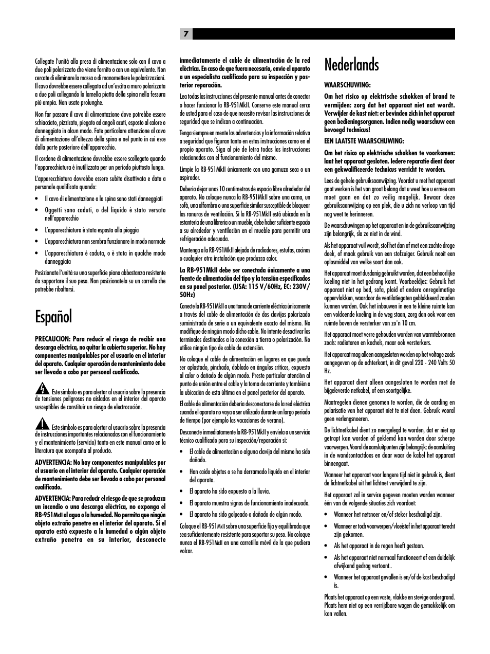 Español, Nederlands | ROTEL RB951 mk II User Manual | Page 7 / 44