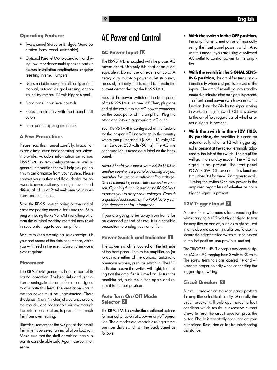 Operating features, A few precautions, Placement | Ac power and control, Ac power input, Power switch and indicator, Auto turn on/off mode selector, 12v trigger input, Circuit breaker | ROTEL RB951 mk II User Manual | Page 9 / 44
