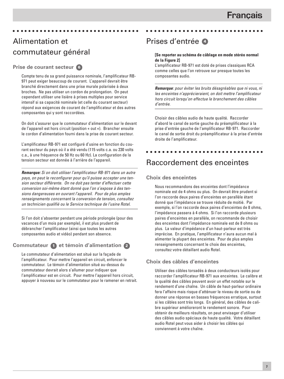 Français, Alimentation et commutateur général, Prises d’entrée | Raccordement des enceintes | ROTEL RB971 User Manual | Page 11 / 30