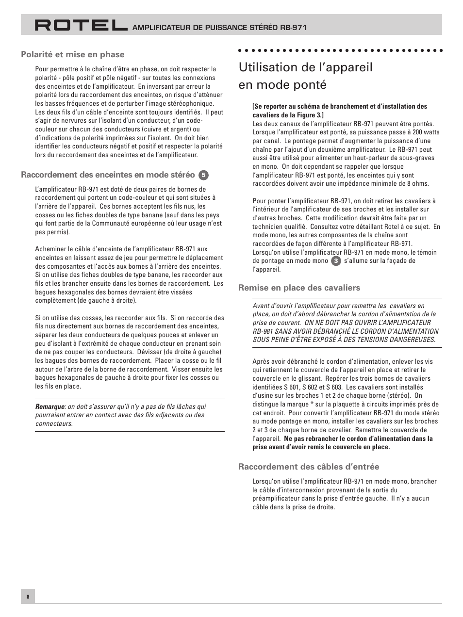 Utilisation de l’appareil en mode ponté | ROTEL RB971 User Manual | Page 12 / 30