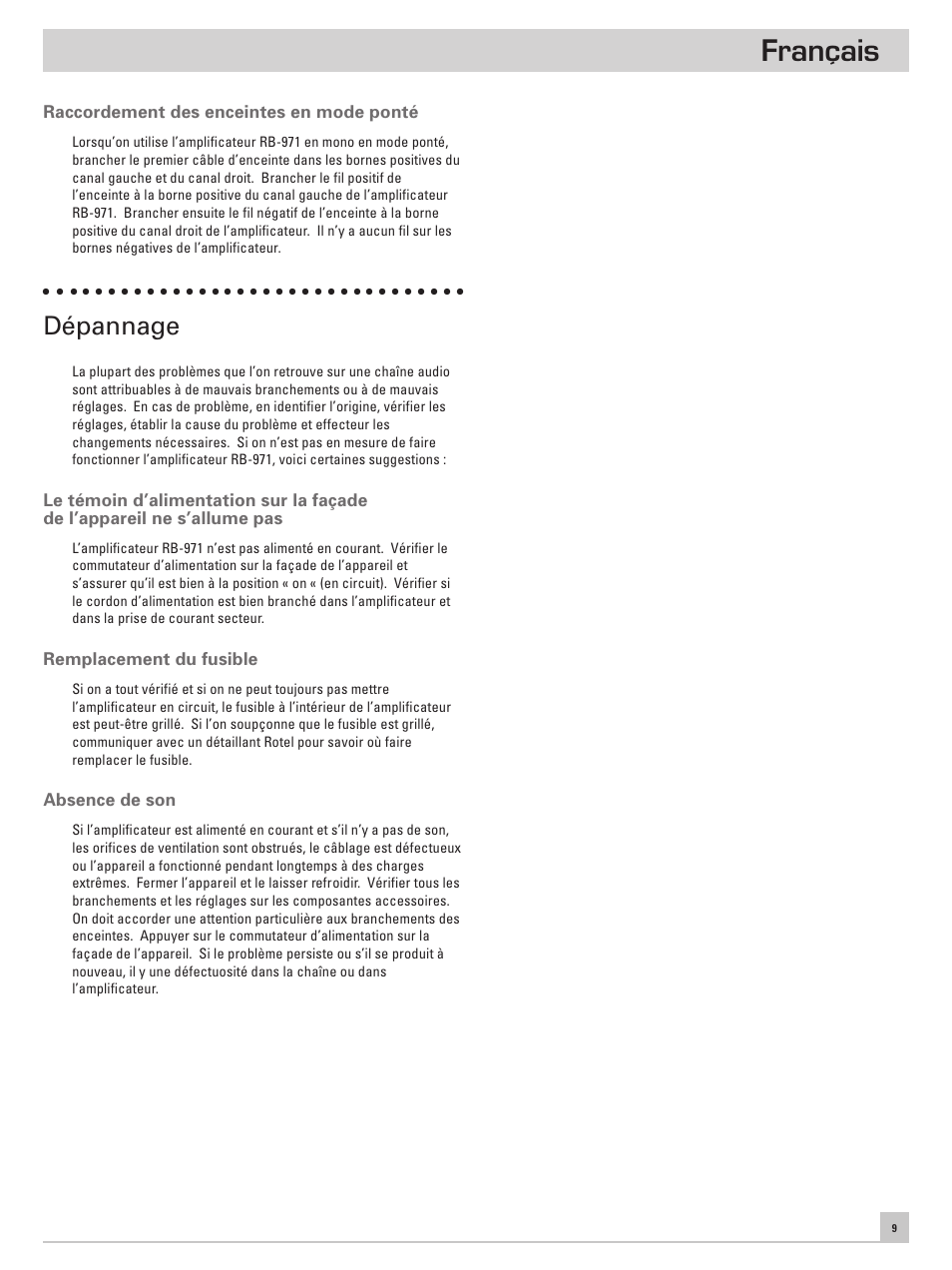 Français, Dépannage | ROTEL RB971 User Manual | Page 13 / 30