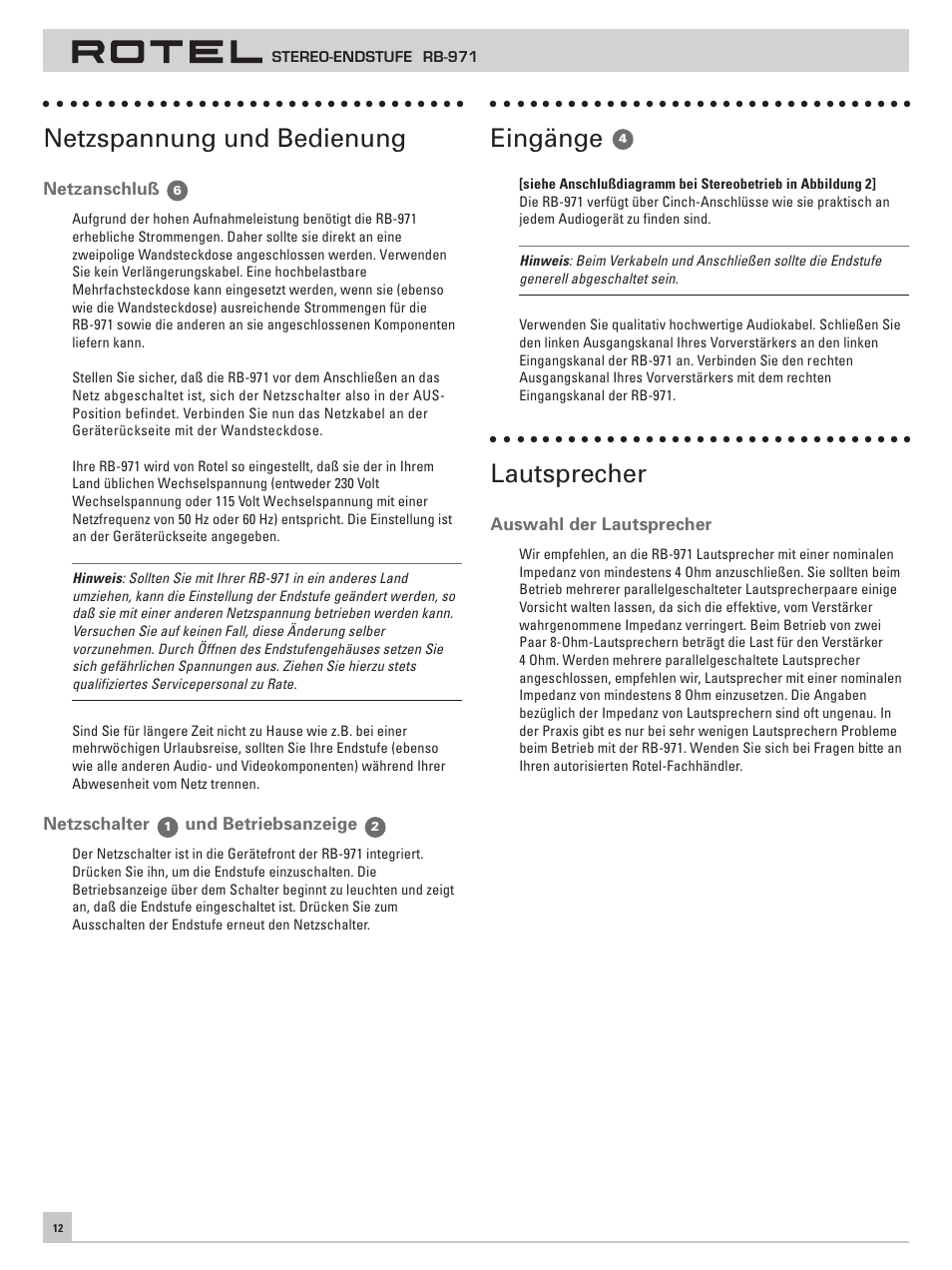 Netzspannung und bedienung, Eingänge, Lautsprecher | ROTEL RB971 User Manual | Page 16 / 30