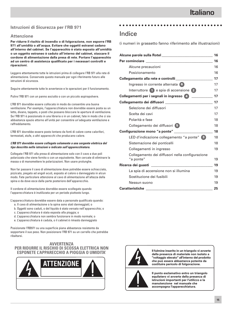 Attenzione, Italiano, Indice | ROTEL RB971 User Manual | Page 19 / 30