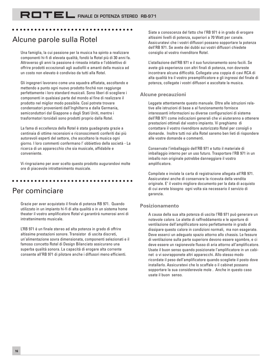 Alcune parole sulla rotel, Per cominciare | ROTEL RB971 User Manual | Page 20 / 30