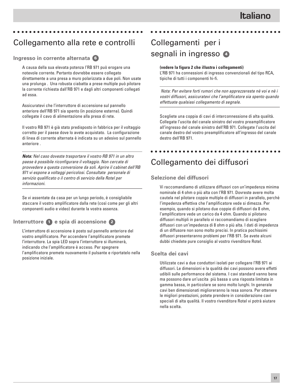 Italiano, Collegamento alla rete e controlli, Collegamenti per i segnali in ingresso | Collegamento dei diffusori | ROTEL RB971 User Manual | Page 21 / 30