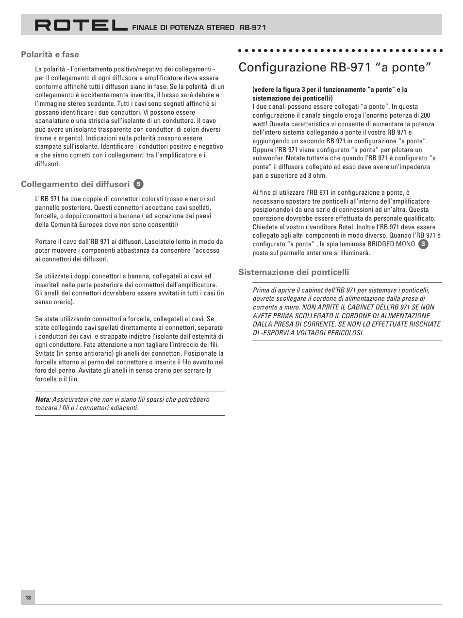 Configurazione rb-971 “a ponte | ROTEL RB971 User Manual | Page 22 / 30