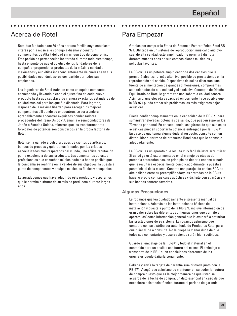 Español, Acerca de rotel, Para empezar | ROTEL RB971 User Manual | Page 25 / 30