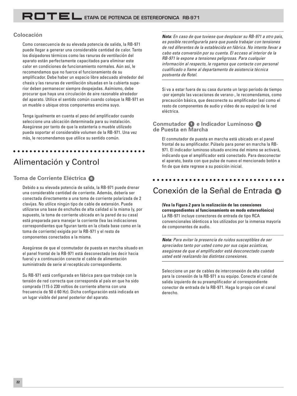 Alimentación y control, Conexión de la señal de entrada | ROTEL RB971 User Manual | Page 26 / 30