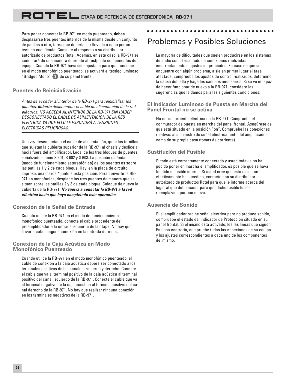 Problemas y posibles soluciones | ROTEL RB971 User Manual | Page 28 / 30