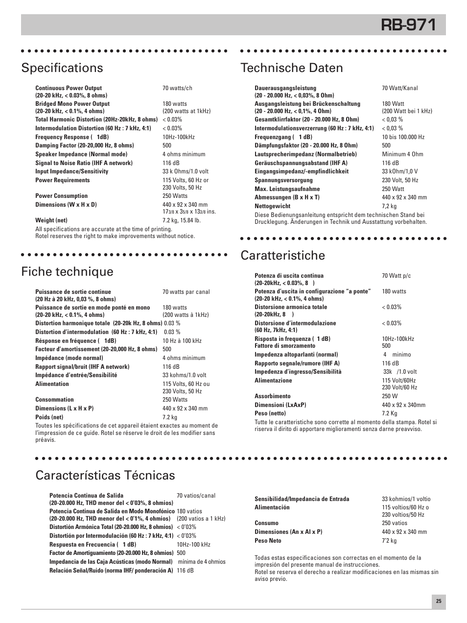 Rb-971, Specifications, Technische daten | Fiche technique, Características técnicas, Caratteristiche | ROTEL RB971 User Manual | Page 29 / 30