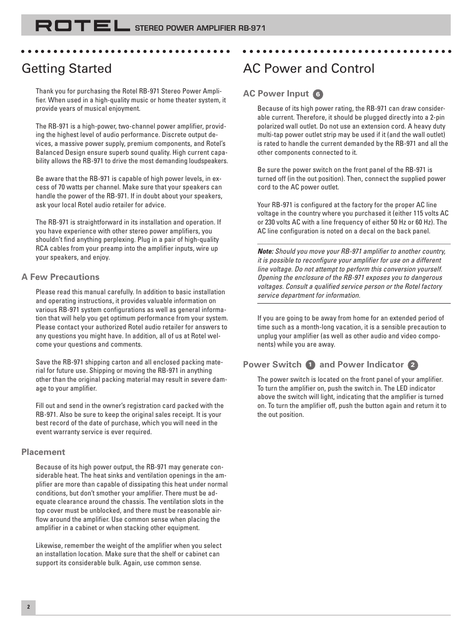 Getting started, Ac power and control | ROTEL RB971 User Manual | Page 6 / 30