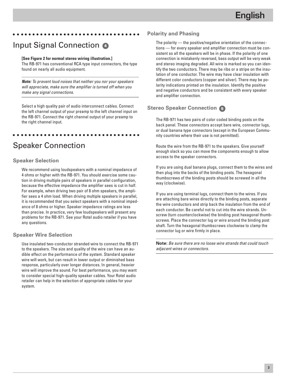 English, Input signal connection, Speaker connection | ROTEL RB971 User Manual | Page 7 / 30